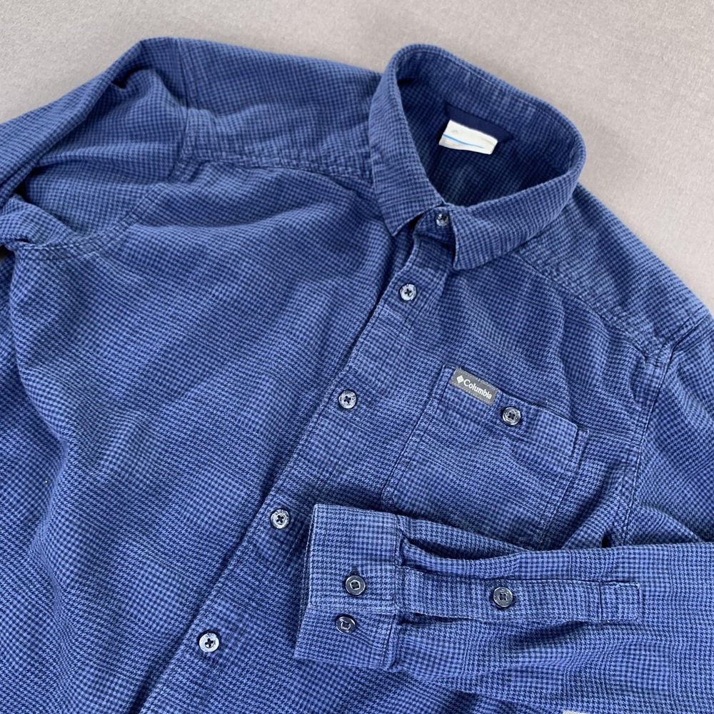 Columbia Shirt Mens MD Blue Houndstooth Button Front Long Sleeve Casual Cotton